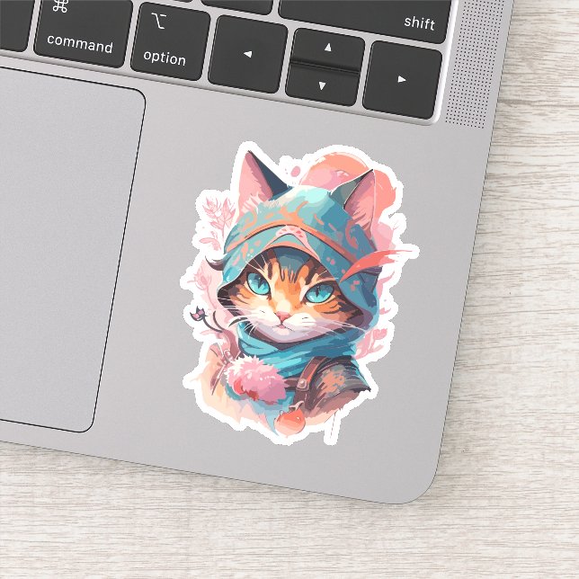 Wasserfarbe Niedlich Hooded Ninja Cat Aufkleber (Detail)