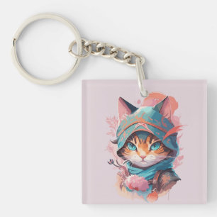 Wasserfarbe Niedlich Hooded Ninja Cat Schlüsselanhänger