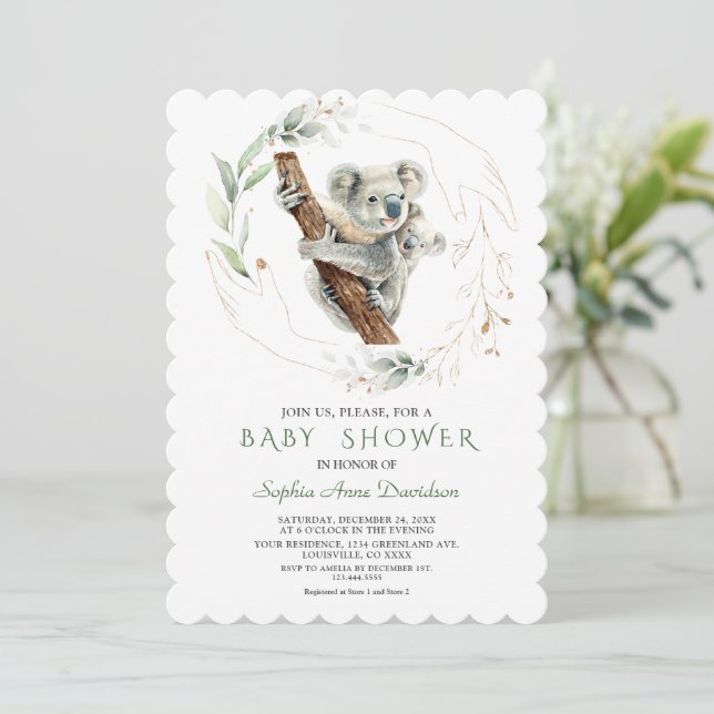 Wasserfarbe Niedlich Koala Greenery Gold Baby Dusc Einladung (Stehend Vorderseite)