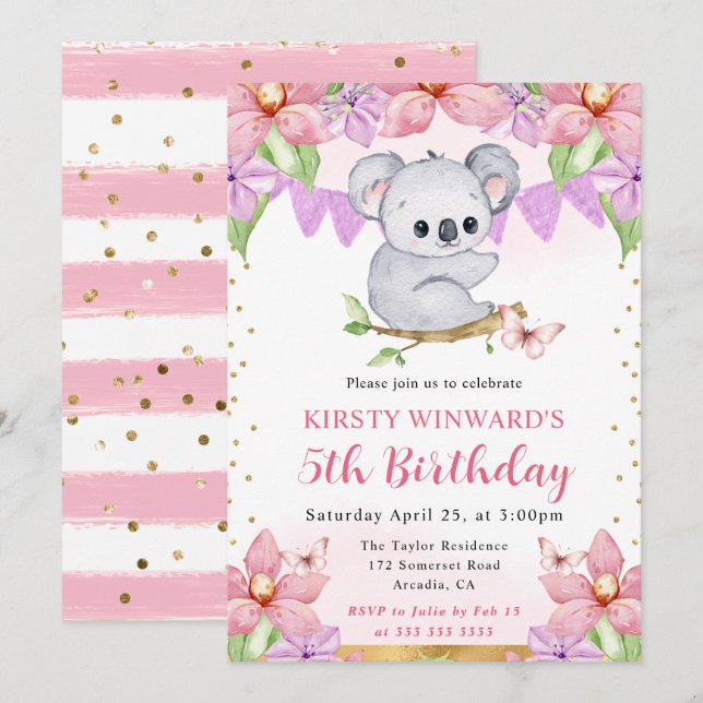 Wasserfarbe Niedlich Koala und tropische Blume Geb Einladung (Vorne/Hinten)