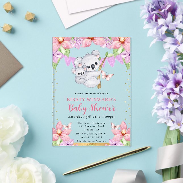 Wasserfarbe Niedlich Koalas & Blume Kinderdusche Acryleinladungen (In Situ (Hochzeit))