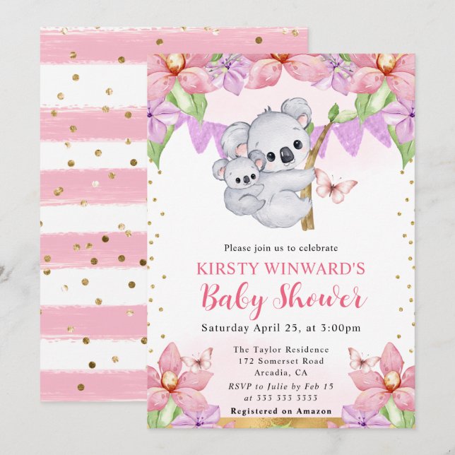 Wasserfarbe Niedlich Koalas & Blume Kinderdusche Einladung (Vorne/Hinten)