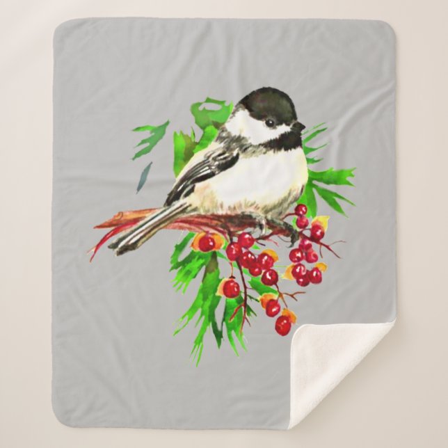 Wasserfarbe Niedlich Little Chickadee Bird Berries Sherpadecke (Vorderseite)