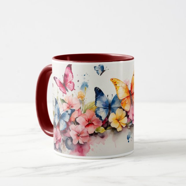 Wasserfarbe Niedlich Maroon Butterfly Blume Tasse (Vorderseite Links)