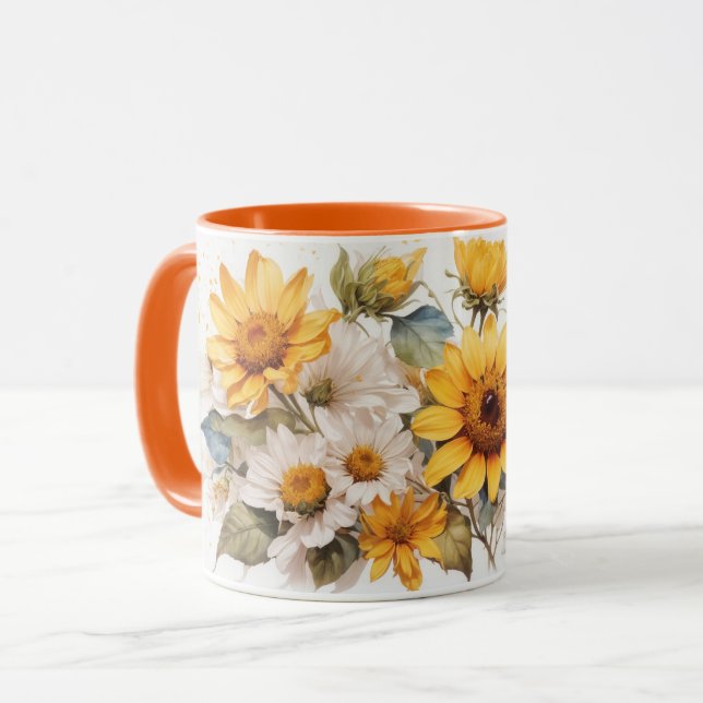 Wasserfarbe Niedlich Orange Sonnenblumen Tasse (Vorderseite Links)