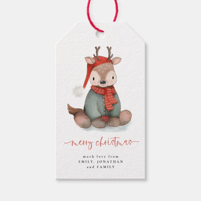 Wasserfarbe Niedlich Rentier Frohe Weihnachtsbezei Geschenkanhänger (Vorderseite)
