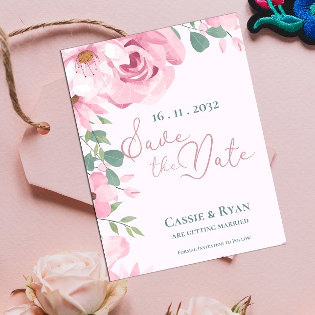 Wasserfarbe Niedlich rosa Blumenzehen Speichern Si Magnetkarte (Watercolor Cute Pink Floral Wedding Save the Date)