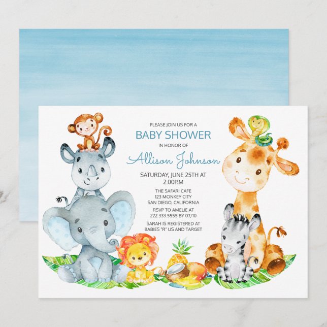 Wasserfarbe Niedlich Safari Jungle Baby Dusche Einladung (Vorne/Hinten)