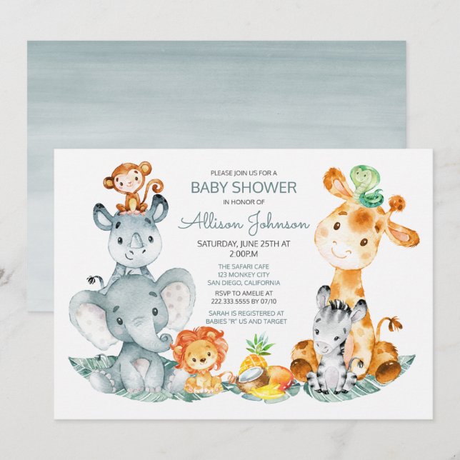 Wasserfarbe Niedlich Safari Jungle Babydusche Einladung (Vorne/Hinten)
