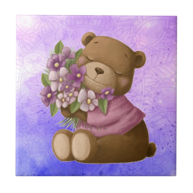 Wasserfarbe Niedlich Teddy Bear Bouquet Garden Blu Fliese (Vorderseite)