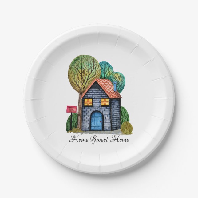 Wasserfarbe Niedliche Zuhause Sweet Zuhause Art Pappteller (Vorderseite)