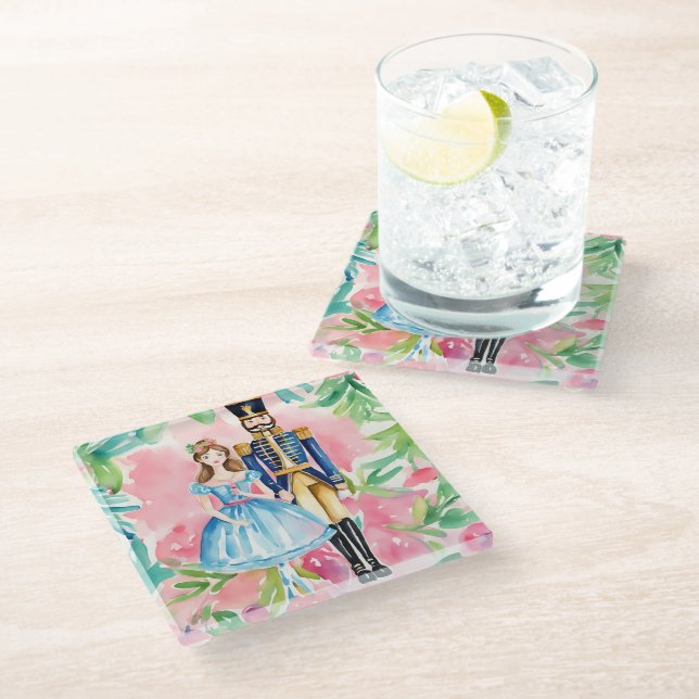 Wasserfarbe Nutcracker und Clara Christmas Glasuntersetzer (Schrägansicht)