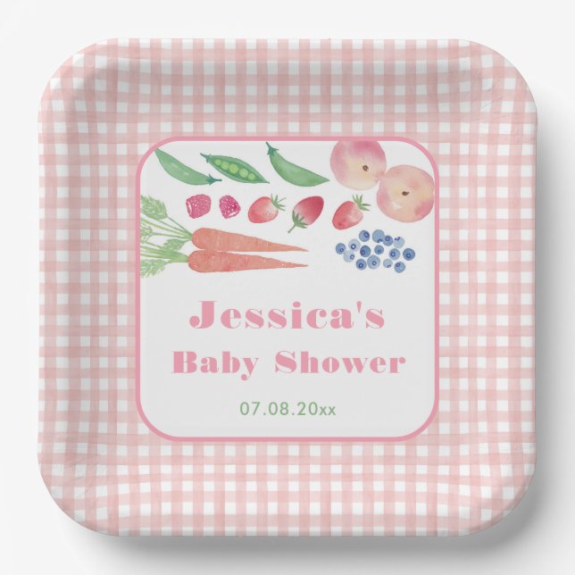 Wasserfarbe Obst Gemüsegarten Girl Dusche Pappteller (Vorderseite)