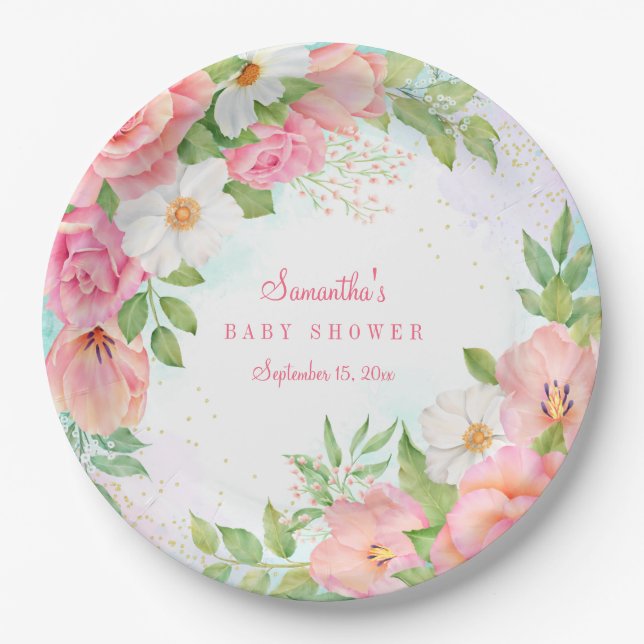 Wasserfarbe Ombre Floral Rose Bouquet Babydusche Pappteller (Vorderseite)
