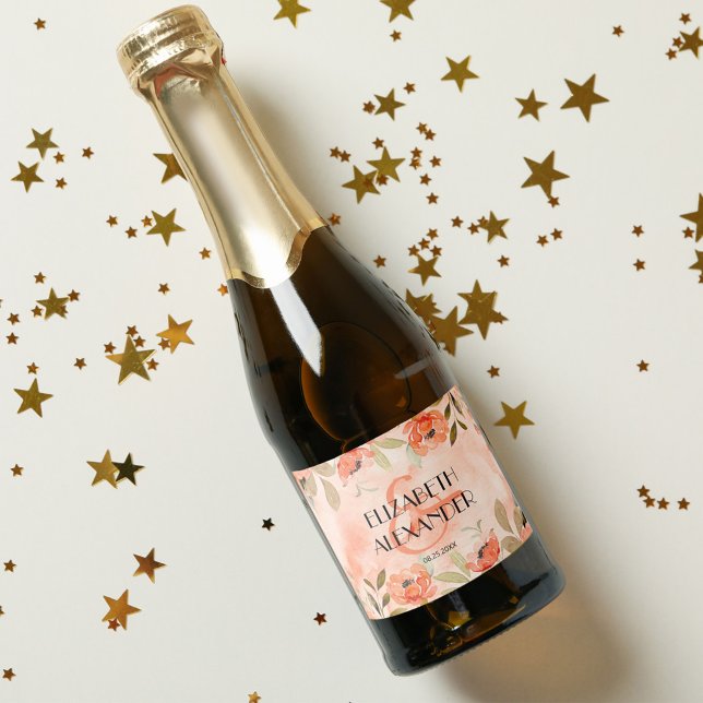 Wasserfarbe Orange Bloral Wedding Mini (Watercolor orange floral wedding mini sparkling wine bottle personalized labels)