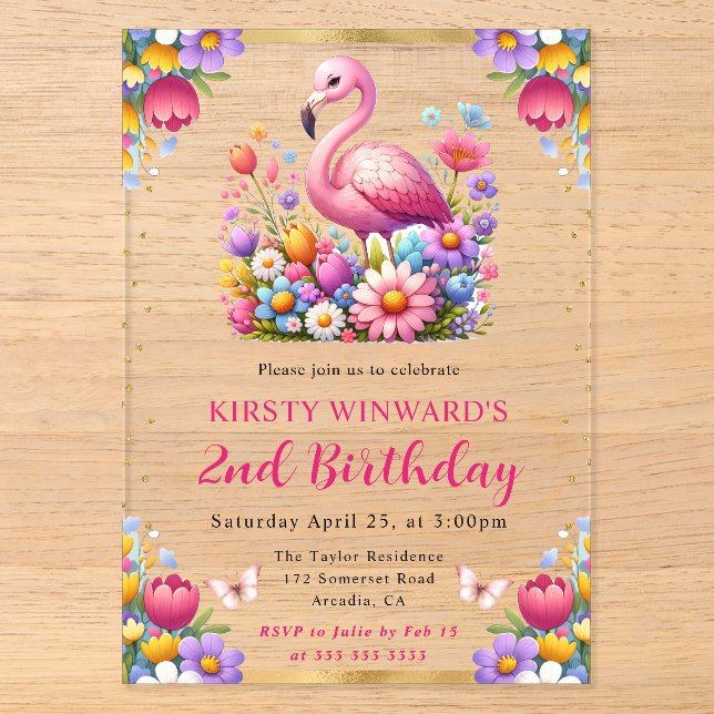 Wasserfarbe Ostern Flamingo Frühlingsblumen Geburt Acryleinladungen (Vorderseite)
