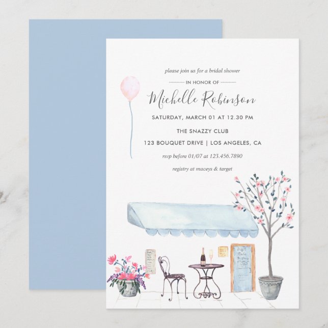 Wasserfarbe Paris Thema Bridal Dusche Einladung (Vorne/Hinten)