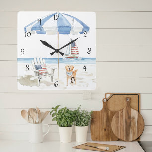Wasserfarbe Patriotische Beach Szene Sommerwall Uh Quadratische Wanduhr