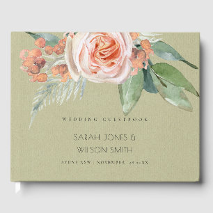 WASSERFARBE PEACH BLUME GREEN FOLIAGE MONOGRAMM GÄSTEBUCH