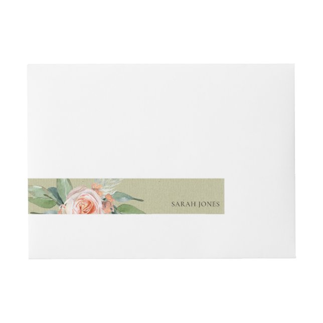 WASSERFARBE PEACH BLUME GREEN FOLIAGE MONOGRAMM Rundum-Adressaufkleber (Vorderseite)