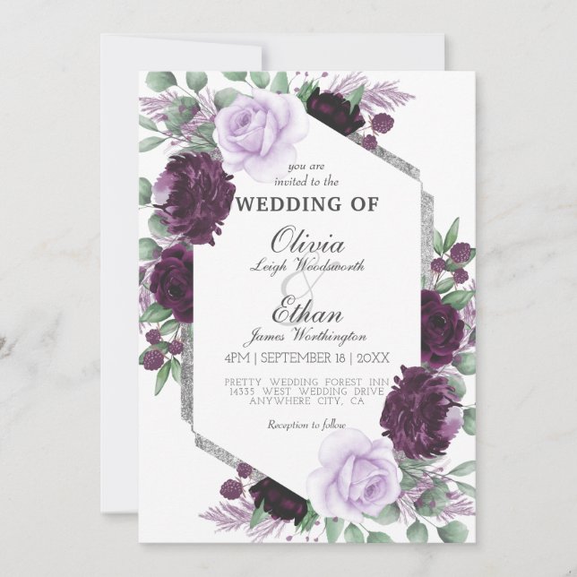Wasserfarbe Peony Lila Grau Silver Hochzeit im Her Einladung (Vorderseite)