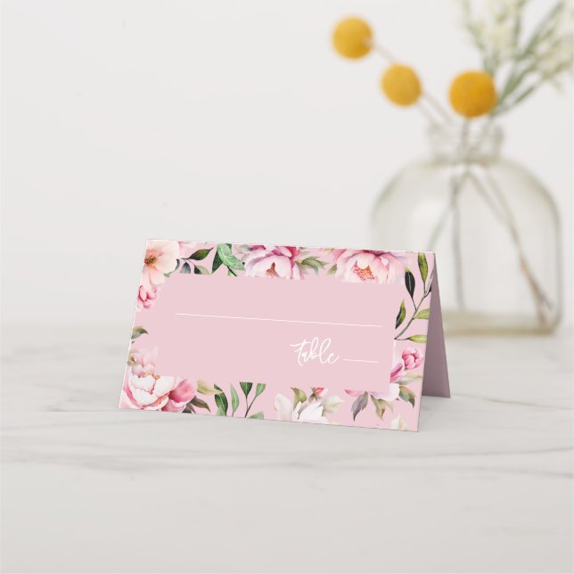 Wasserfarbe Peony Magnolia Pink Hochzeit Platzkarte (Vorderseite)