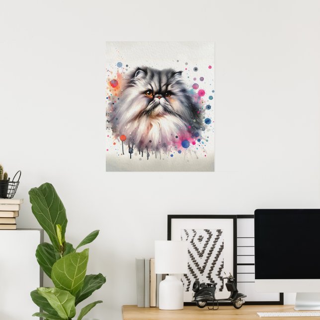 Wasserfarbe Persische Katze Farbiges Portrait Poster (Heimbüro)