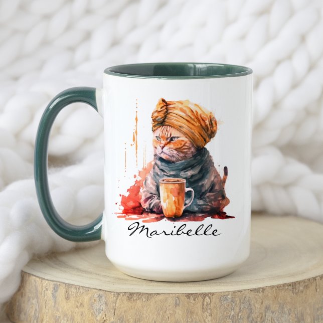 Wasserfarbe Persische Katze mit Turban Drink Kaffe Tasse (Von Creator hochgeladen)