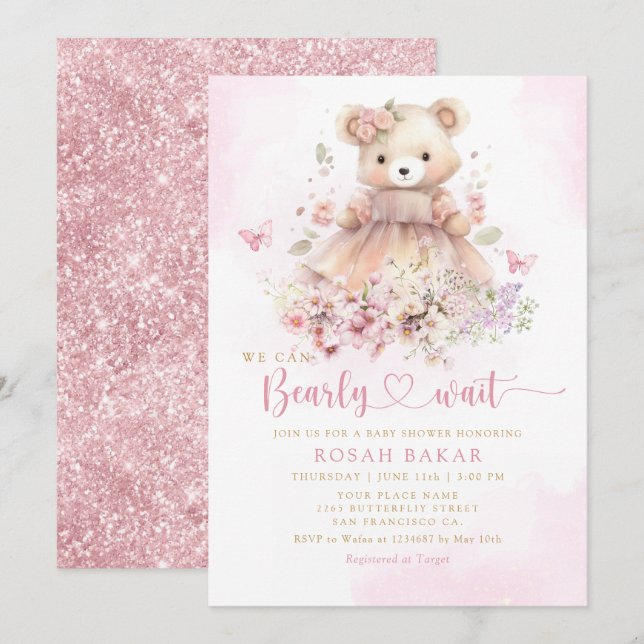 Wasserfarbe Pink Boho Teddy Bear Girl Babydusche Einladung (Vorne/Hinten)