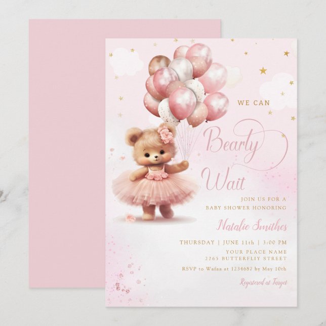 Wasserfarbe Pink Boho Teddy Bear Girl Babydusche Einladung (Vorne/Hinten)