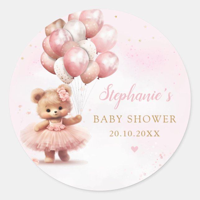 Wasserfarbe Pink Boho Teddy Bear Girl Babydusche Runder Aufkleber (Vorderseite)