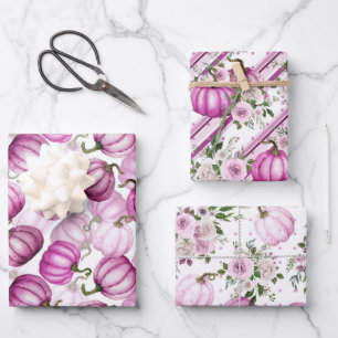 WASSERFARBE PINK HERBST KÜRBISSE & BLUMEN GESCHENKPAPIER SET