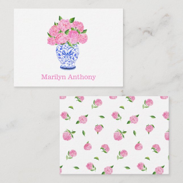 Wasserfarbe Pink Hydrangea Chinoiserie Name Mitteilungskarte (Vorne/Hinten)
