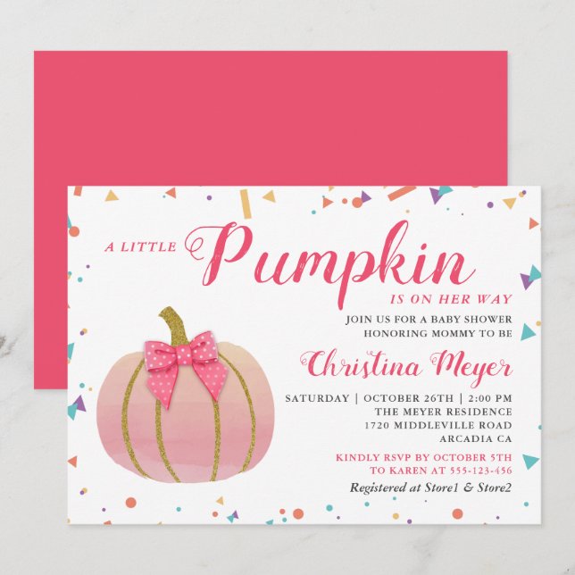 Wasserfarbe Pink Kleine Pumpkin Baby Dusche Einladung (Vorne/Hinten)