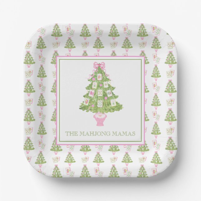 Wasserfarbe Pink Mahjong Weihnachtsbaum Party Pappteller (Vorderseite)