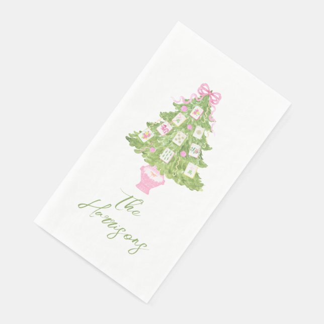 Wasserfarbe Pink Mahjong Weihnachtsbaum Party Serviette (Ecke)