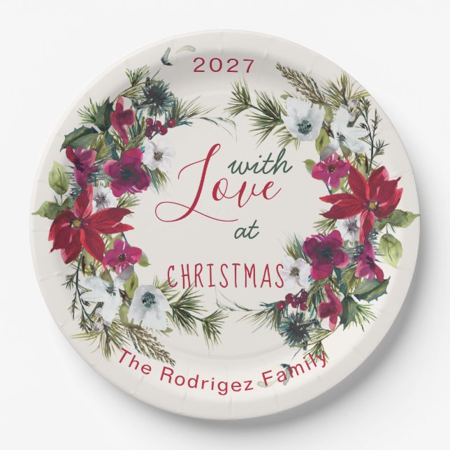 Wasserfarbe Poinsettia, heilig, Kiefer Weihnachten Pappteller (Vorderseite)