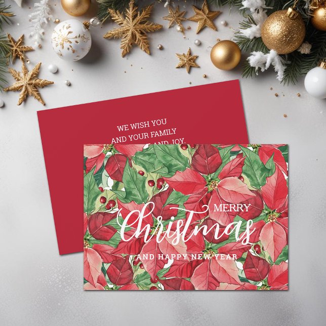 Wasserfarbe Poinsettias Frohe Weihnachten (Watercolor Poinsettias Merry Christmas Flat Holiday Greeting Cards)