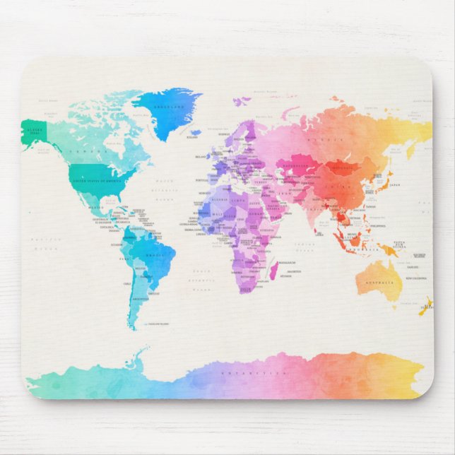 Wasserfarbe-politische Karte der Welt Mousepad (Vorne)