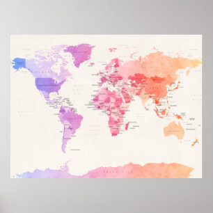 Wasserfarbe-politische Karte der Welt Poster