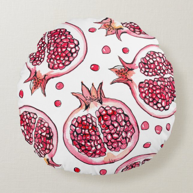 Wasserfarbe Pomegranat und Farbmuster Rundes Kissen (Vorderseite)