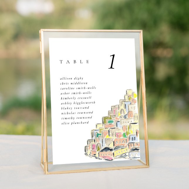 Wasserfarbe Positano Italien 12x18" Hochzeitskarte (Watercolor Positano Italy destination wedding table number sign.)
