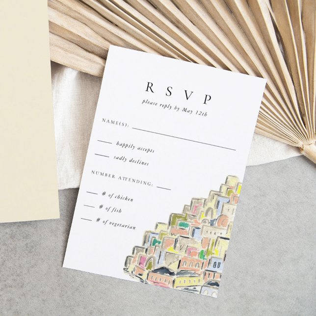 Wasserfarbe Positano Italien Hochzeit in Urlaubsor RSVP Karte (Watercolor Positano Italy RSVP wedding response card.)