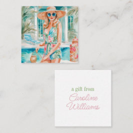 Wasserfarbe Preppy Palm Beach Girl am Pool Geschen Mitteilungskarte