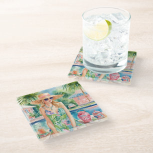 Wasserfarbe Preppy Palm Beach Girl am Pool Glasuntersetzer