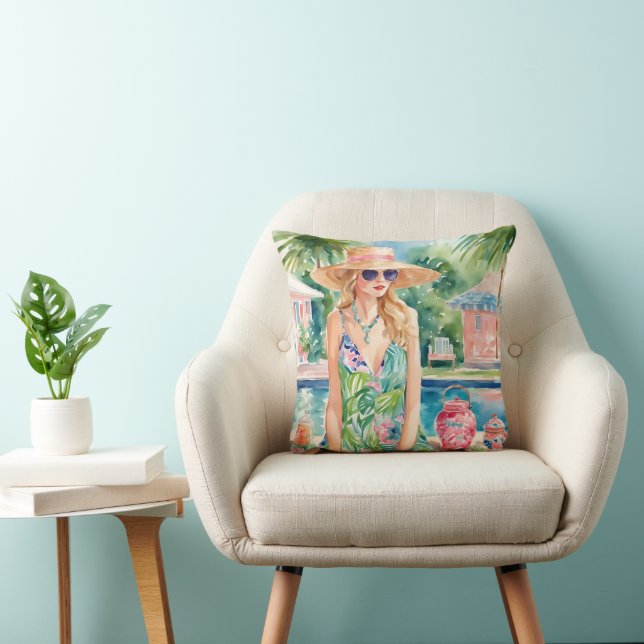 Wasserfarbe Preppy Palm Beach Girl am Pool Kissen (Stuhl )