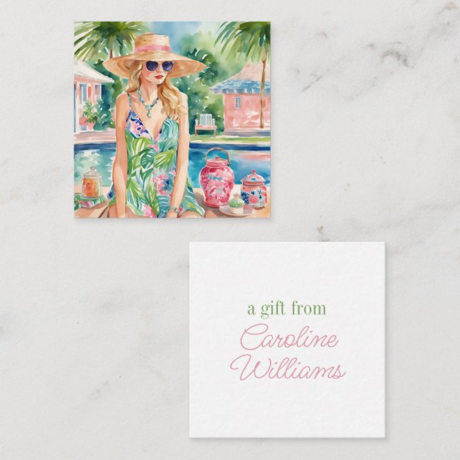 Wasserfarbe Preppy Palm Beach Girl am Pool Mitteilungskarte (Vorne/Hinten)