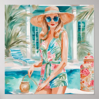 Wasserfarbe Preppy Palm Beach Girl am Pool