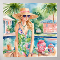 Wasserfarbe Preppy Palm Beach Girl am Pool