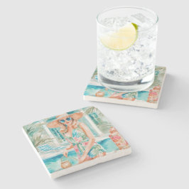 Wasserfarbe Preppy Palm Beach Girl am Pool Steinuntersetzer